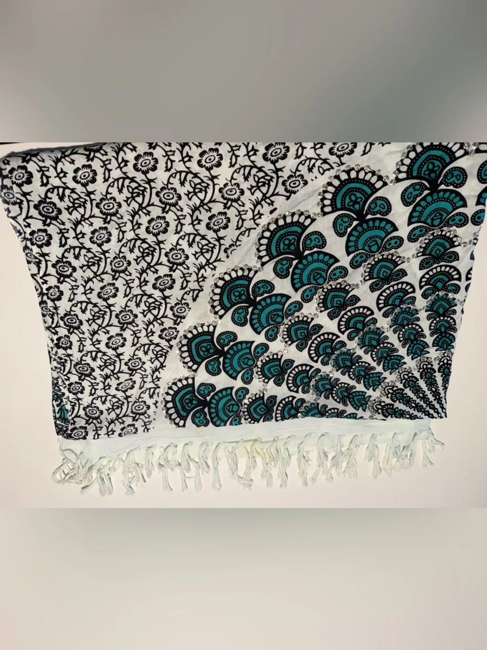 Bohemian Teal Black Mandala oversized scarf with silver sequin detail  tassels